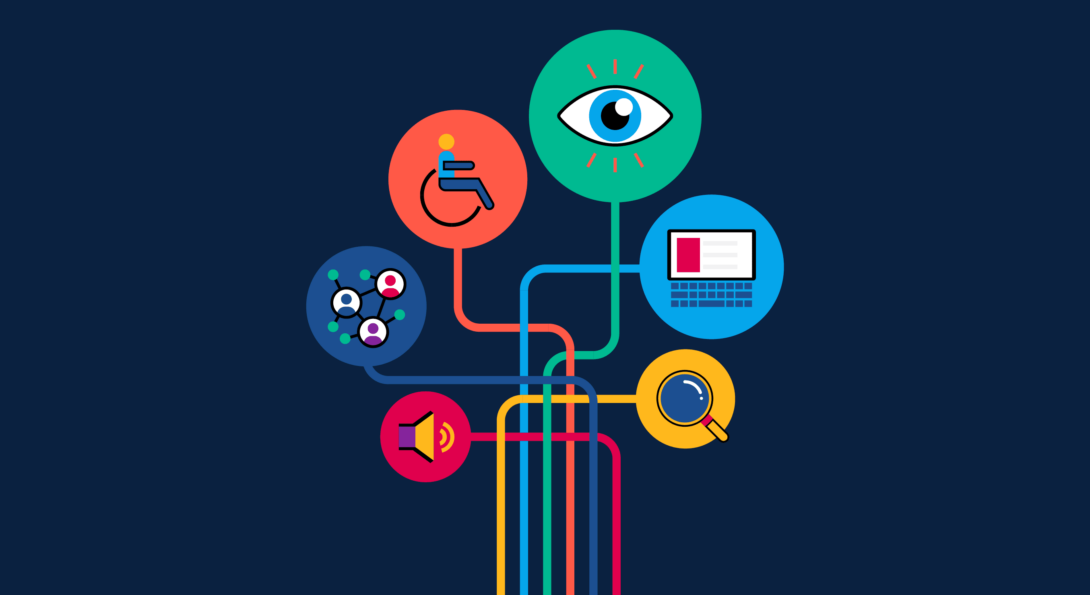 navy blue background with icons of an eye, wheelchair, laptop, people, volume indicator and a magnifying glass