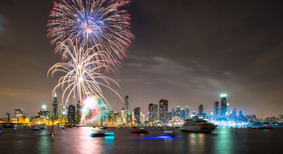 Chicago skyline with red, white and blue fireworks